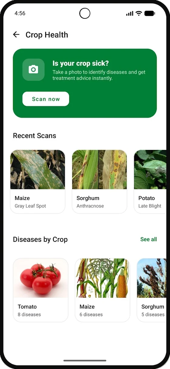 The Crop Health screen in the Beeroole app, offering a scan and listing diseases by crop