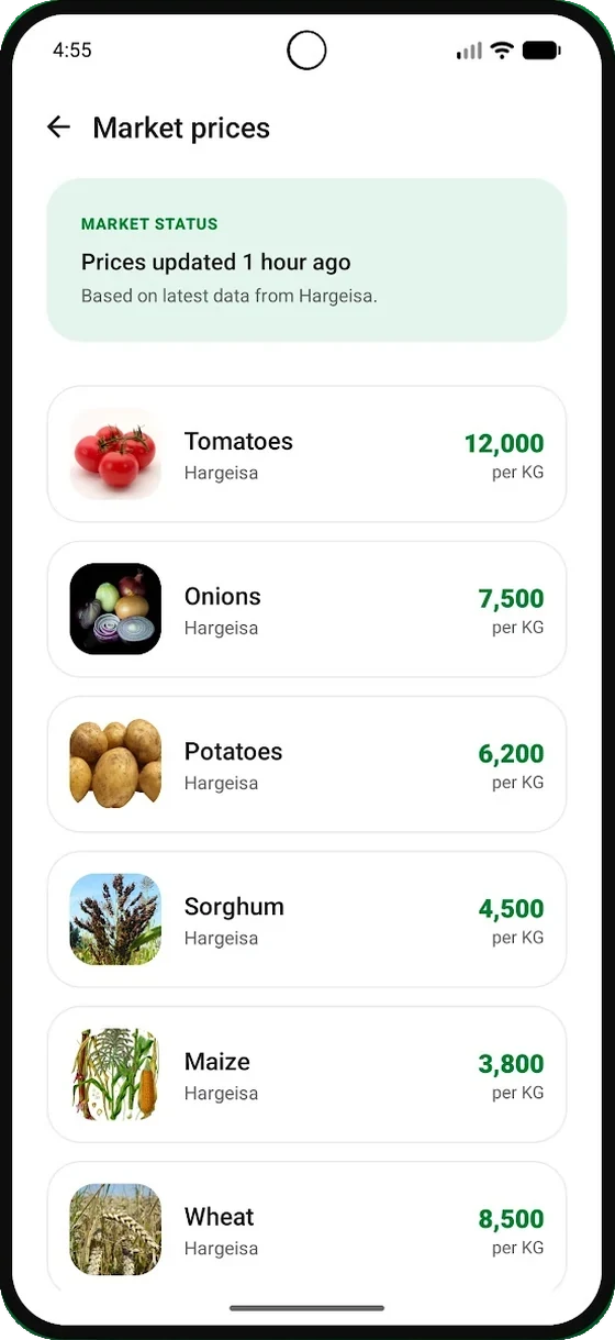 The market prices screen in the Beeroole app listing produce and prices per kilogram