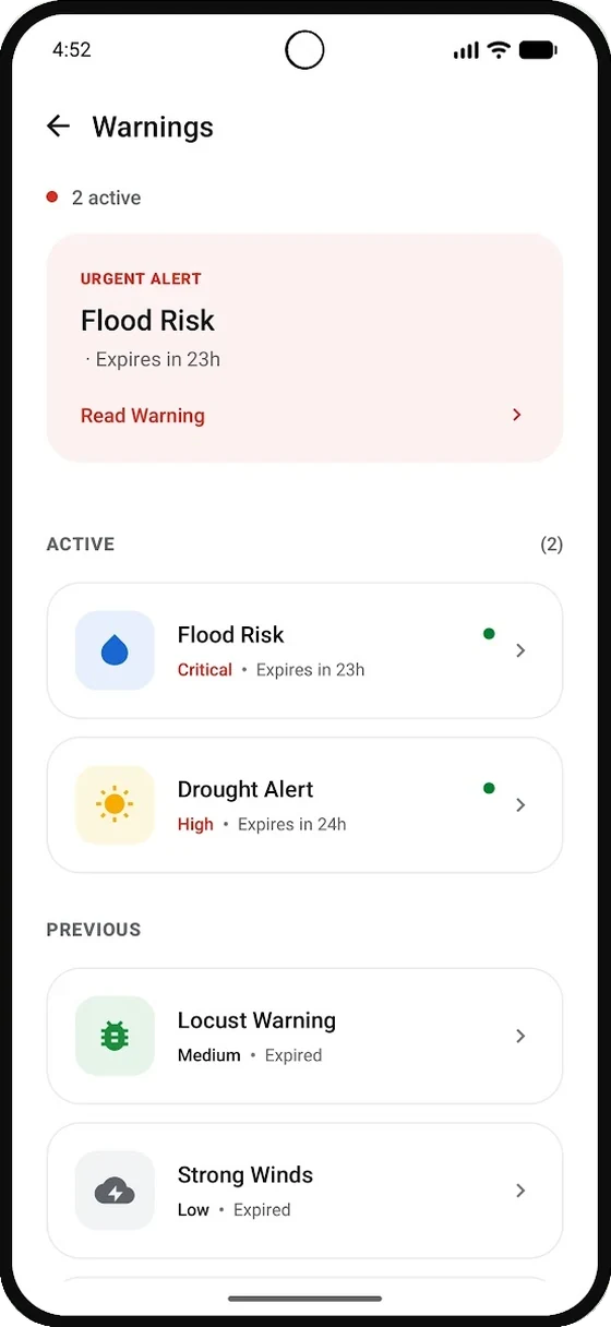 The warnings screen in the Beeroole app showing active flood and drought alerts